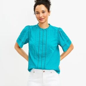 NEW LOFT Teal Blue Pinktuck Ruffle Eyelet Peasant Cottage Prairie Top Size Small